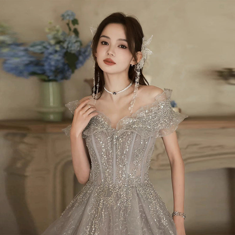 LOVECCR Evening Dress Women's Heavy Industry New off-Shoulder Elegant Socialite Princess Style Birthday Adult Gift Dress