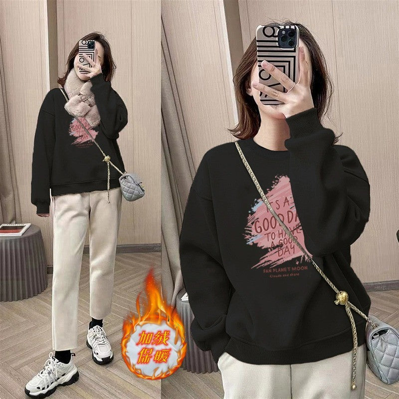 spring and autumn Korean version of fashion small round neck pullover fleece sweater long sleeve loose tide ins style top