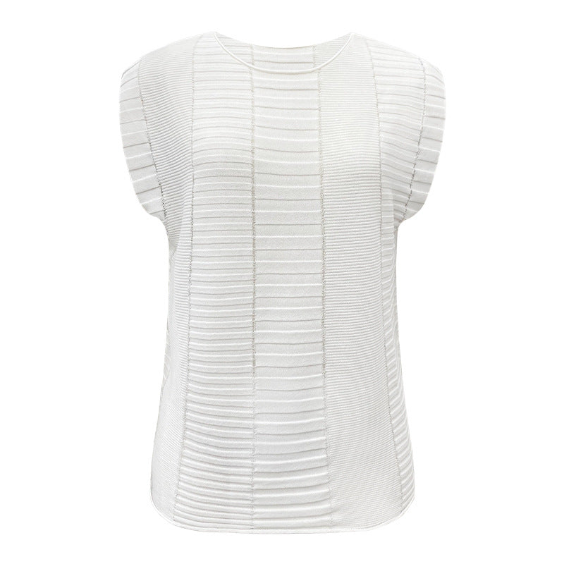 Miyake summer breathable solid color knitted sweater fashionable sleeveless T-shirt loose waist striped thin casual top women's summer