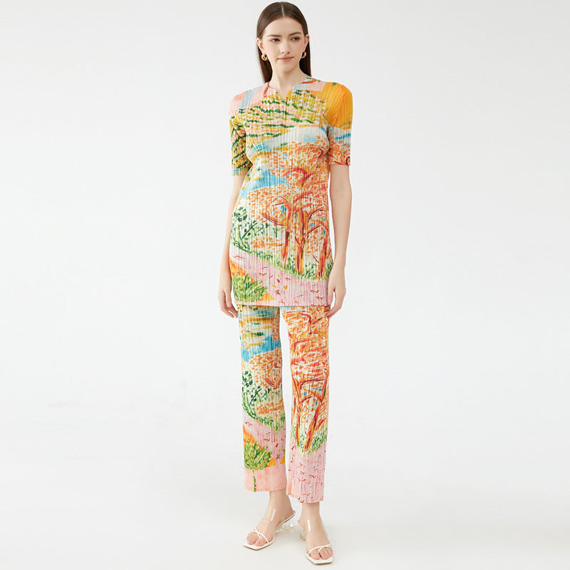 spring niche temperament tree-painted printing small V-neck short-sleeved top women's casual trousers pleated suit women's