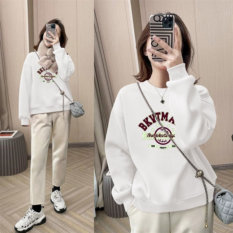 popular Spring and Autumn New Korean Edition Fashion Crew Neck Sweater Women's Loose Long Sleeve Small Versatile Fleece Top Trend