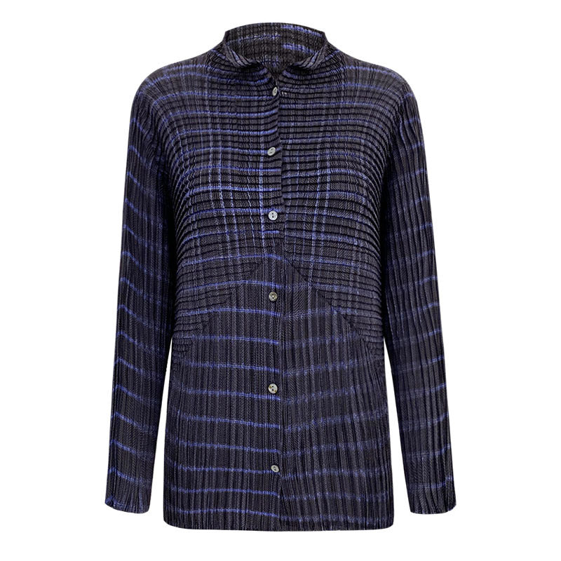 spring new pleated gradual change long-sleeved striped lapel cardigan single-breasted niche casual women's shirt