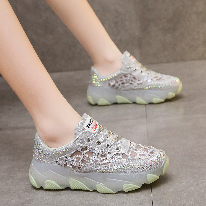 loveccr Breathable Rhinestone Dad Shoes Women Summer New Korean Style Lace Jelly Thick Bottom Casual Sneaker Women Wholesale
