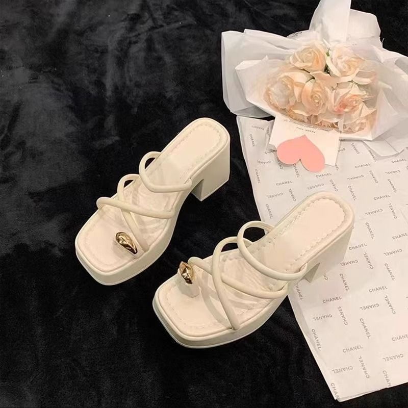 loveccr Chunky Heel High Heel Cross Toe Covering Sandals Women's Summer Outdoor Wear New Internet Celebrity Super Hot High-Grade Small