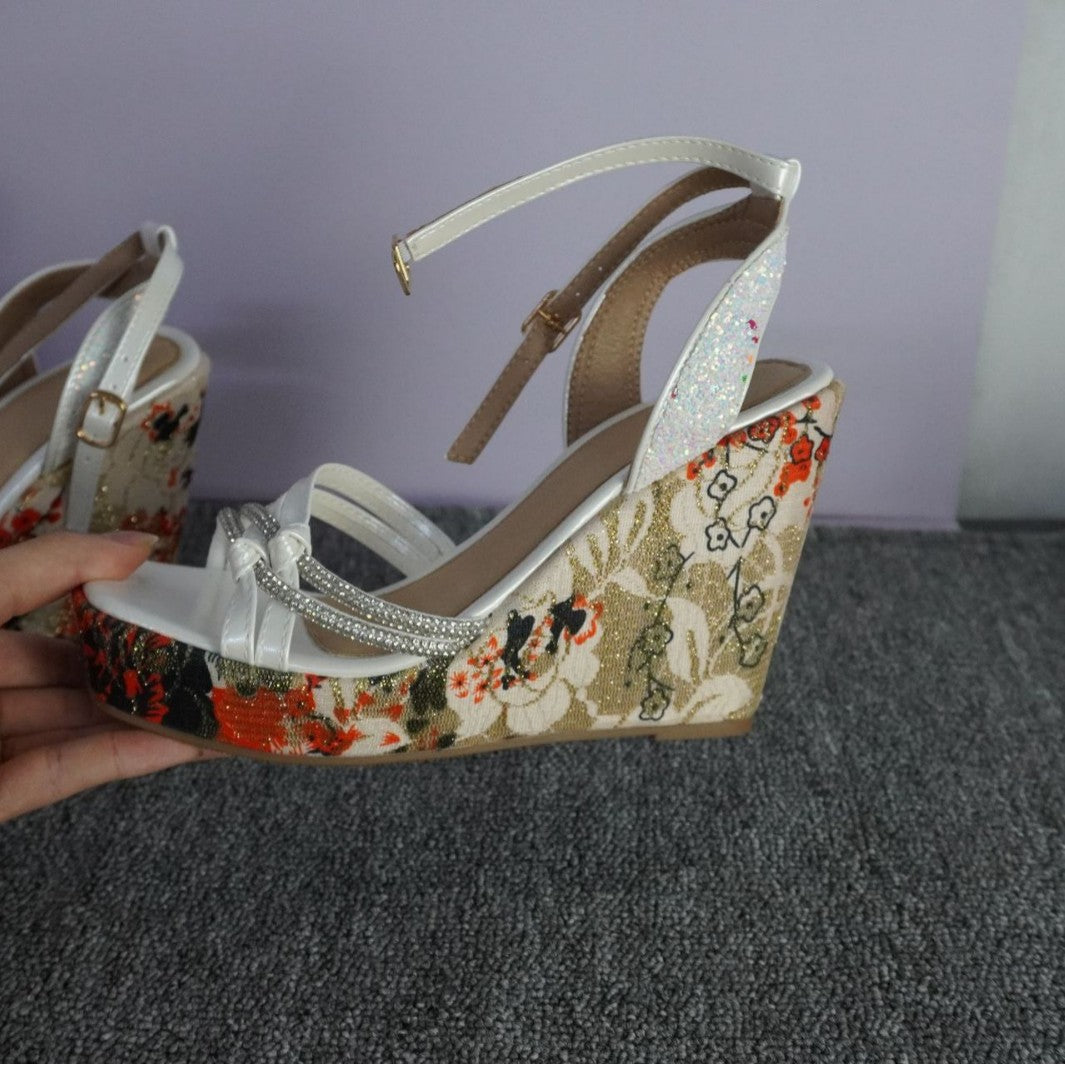 2025 Cowhide version~ Summer new versatile leather wedge sandals fashion rhinestone high heels platform muffin sandals