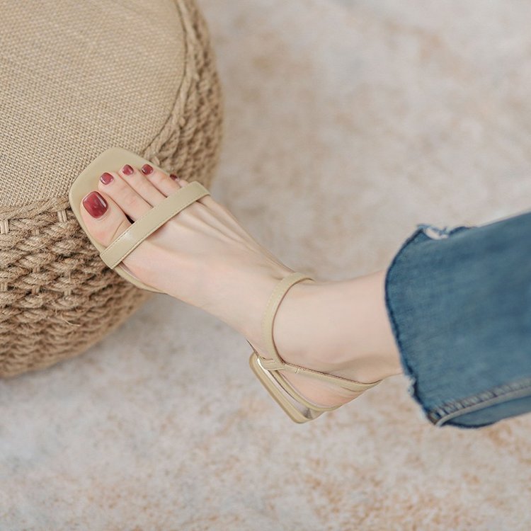 loveccr Women's Chunky Heel Sandals with Buckle Strap New Minimalist Open Toe Fairy Style Mid Heel Roman Women's Shoes