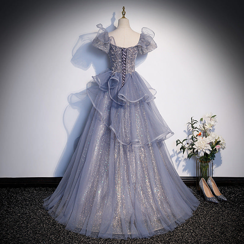 LOVERCCR Gray Blue Evening Dress Temperament Banquet Vocal Music Art Test High-End Birthday Host Schoolgirls' Dress