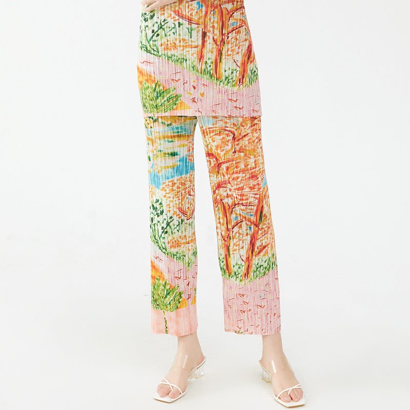 spring niche temperament tree-painted printing small V-neck short-sleeved top women's casual trousers pleated suit women's