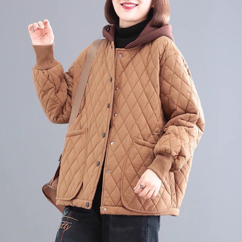 popular winter new Korean version loose large size rhombus grid hooded padded cotton fashionable thickened casual cotton-padded jacket women
