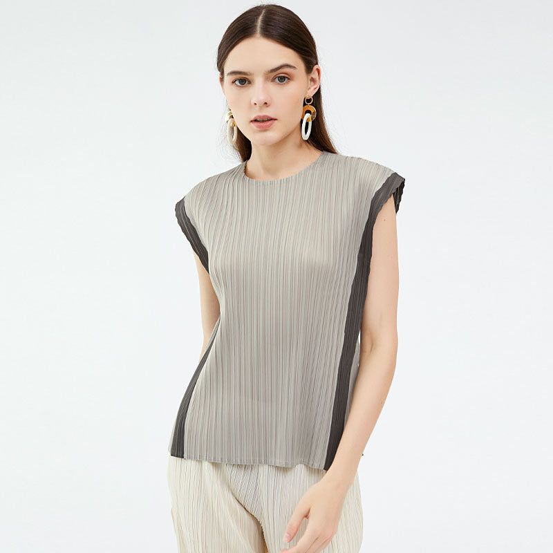 Miyake splicing top niche design sense new women's clothing crew neck pleated loose t-shirt women's summer leisure