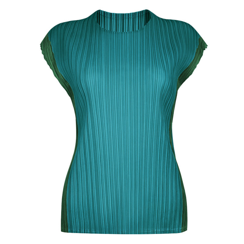 Miyake splicing top niche design sense new women's clothing crew neck pleated loose t-shirt women's summer leisure