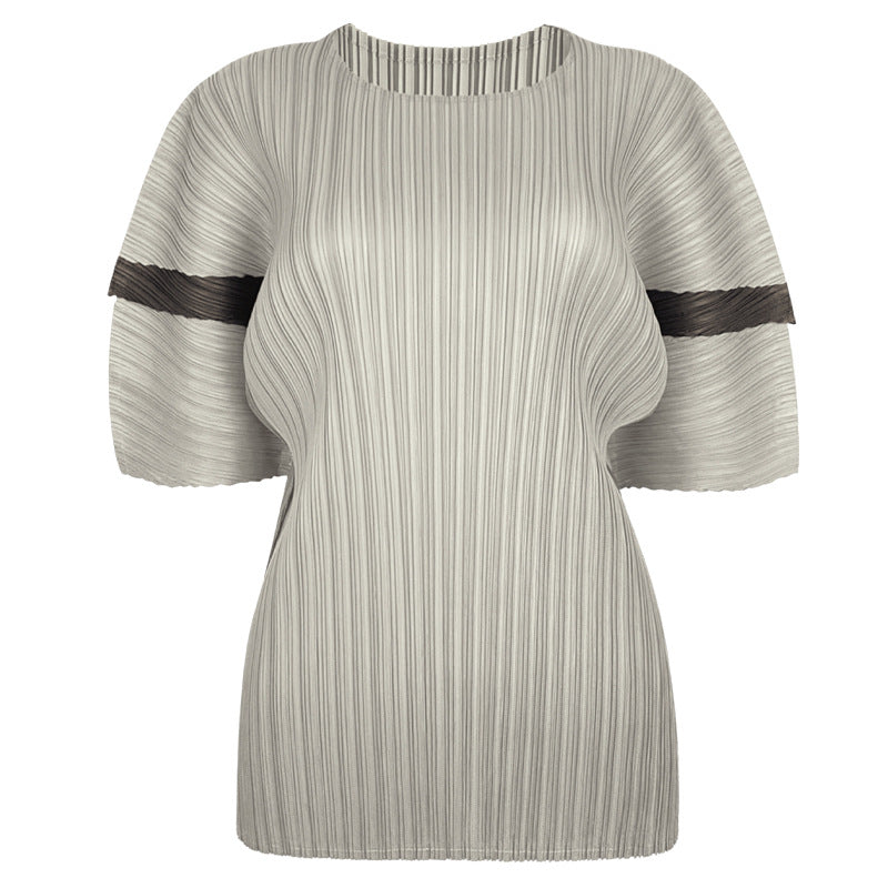 summer large size women's clothing new contrasting colors casual style pleated design sense simple loose splicing top women's summer