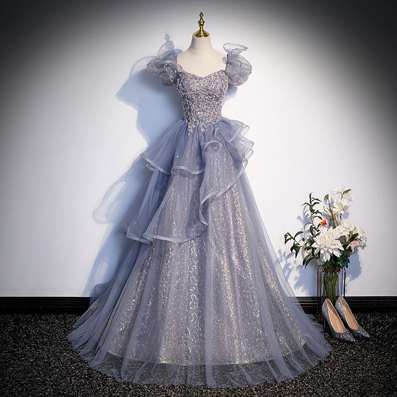LOVERCCR Gray Blue Evening Dress Temperament Banquet Vocal Music Art Test High-End Birthday Host Schoolgirls' Dress