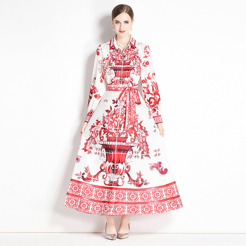 Retro court style long-sleeved lapel waist thin lace-up celadon printed a-word dress elegant dress long dress