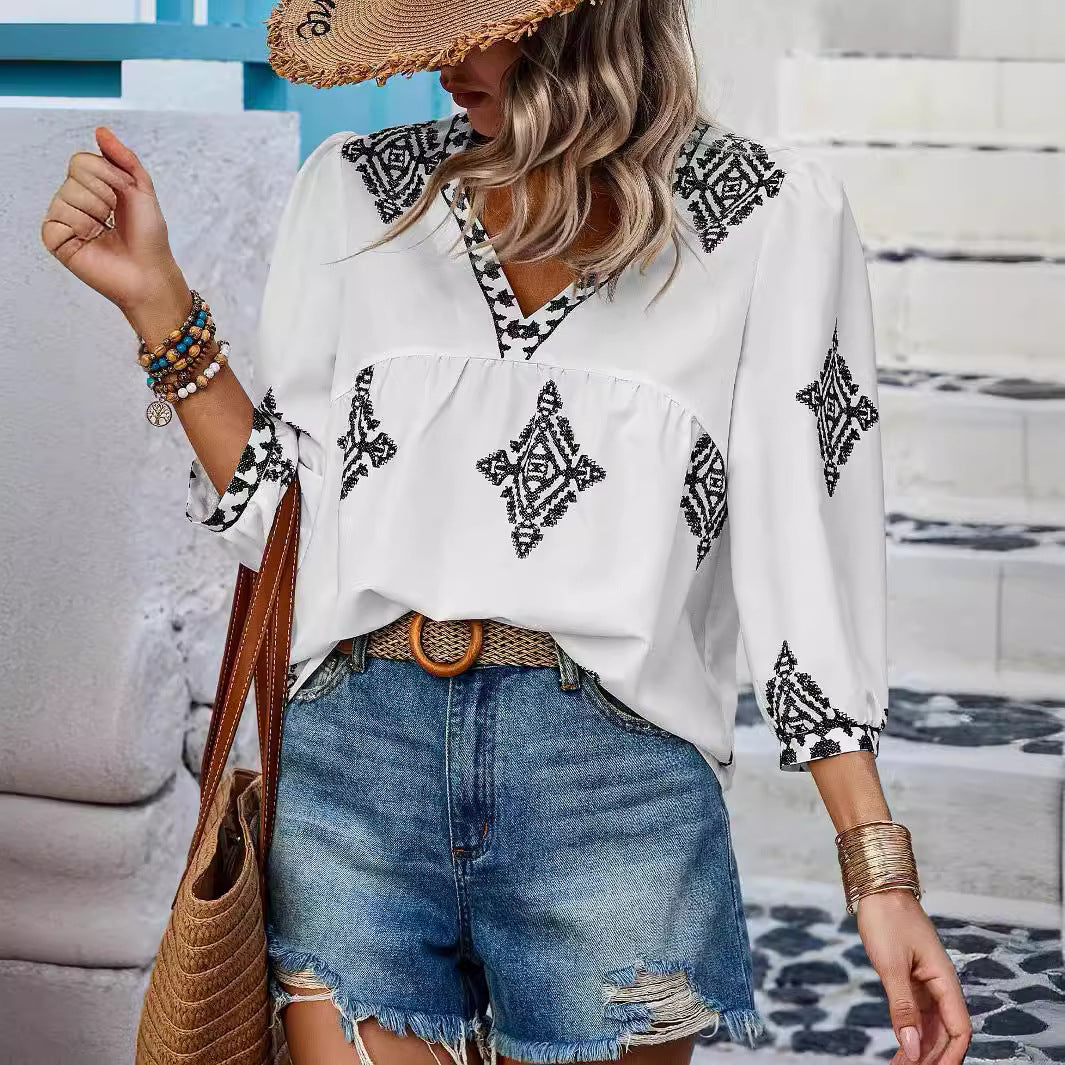 2025 Popular, , New women's clothing summer new fashion printed bag seven-quarter sleeve V-neck women's top