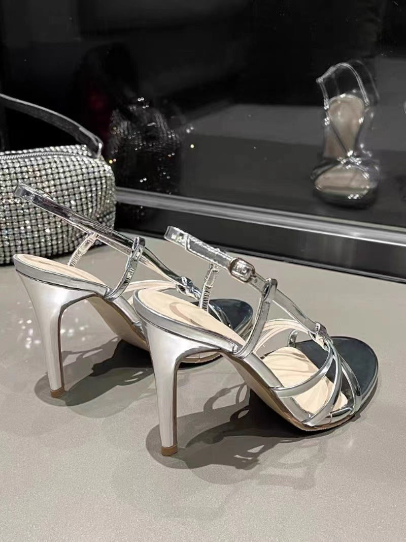 loveccr Gold Lace-up High Heels Women's plus Size New Summer Ankle-Strap Stilettos Roman Sandals Women's Foreign Trade