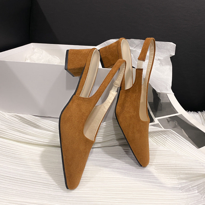 loveccr Red Pointed Toe High Heel Sandals for Women New Closed Toe Chunky Heel Not Tired Feet Simple Fashion Back Hollow Suede Sandals