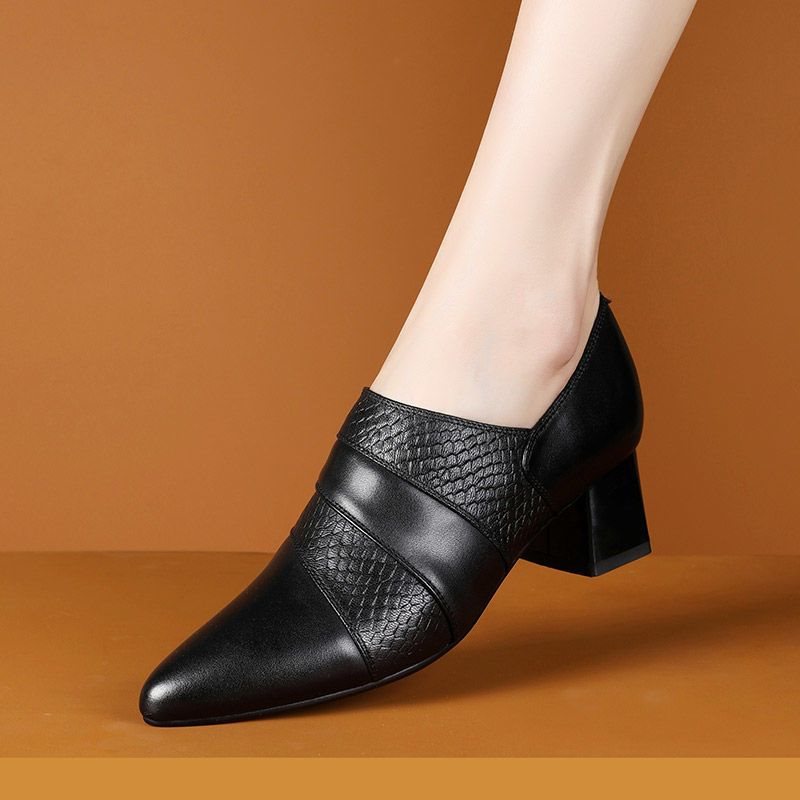 loveccr Spring Deep Mouth Pumps Women's Shoes New Genuine Leather Chunky Heel High Heel Shoes All-Match Brown plus Size Ankle Shoes