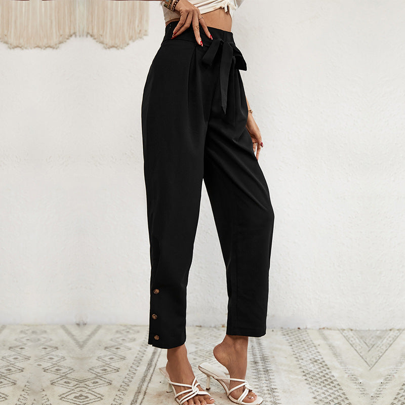 LOVECCR Hot new 2025 foreign trade long pants lace-up commuter high-waisted nine-point pants women