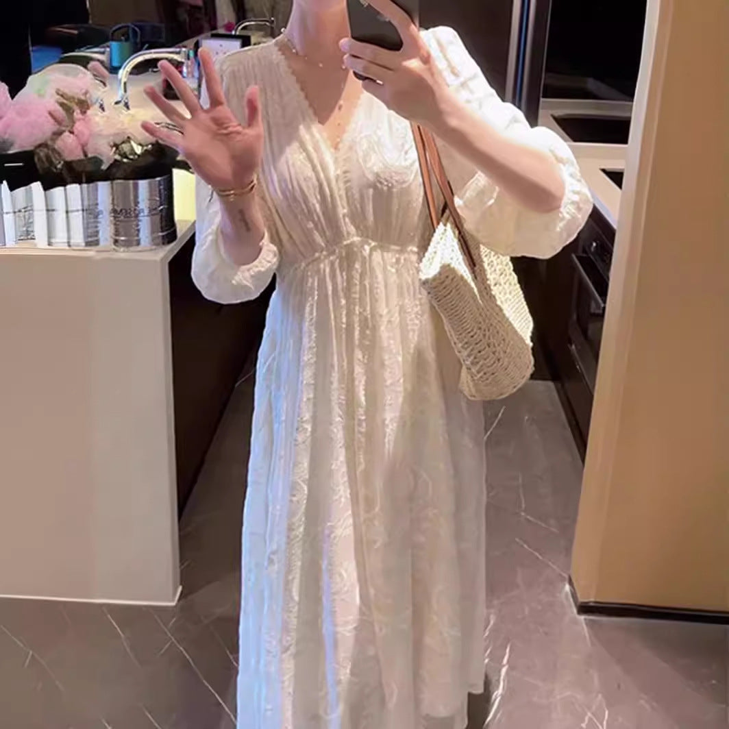 LOVECCR Machine Embroidery V-neck Design Tight Waist Slimming Dress Summer New Vacation Princess Dress