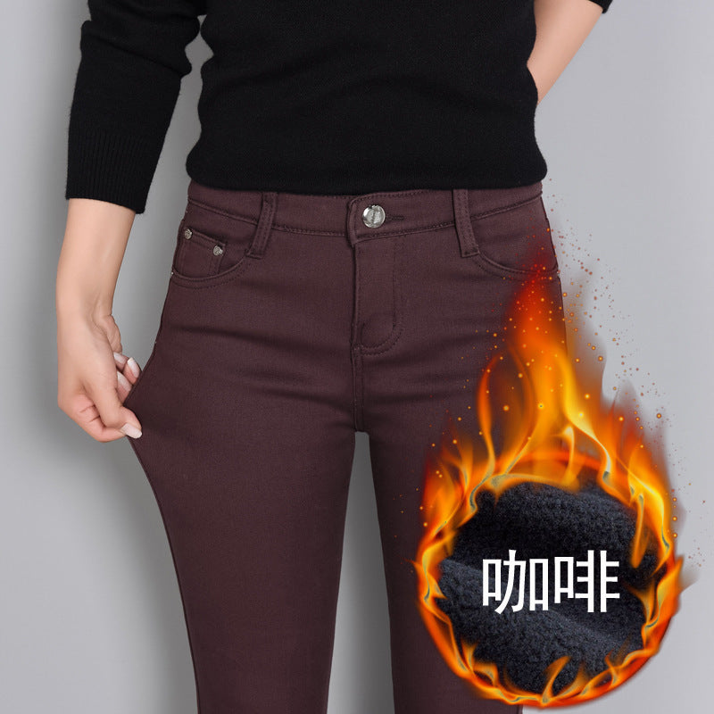 Plus Size Fleece-lined Thick Color Pants Korean Style Winter Skinny Jeans Women's Candy Color Warm Pencil Pants Women's Pants