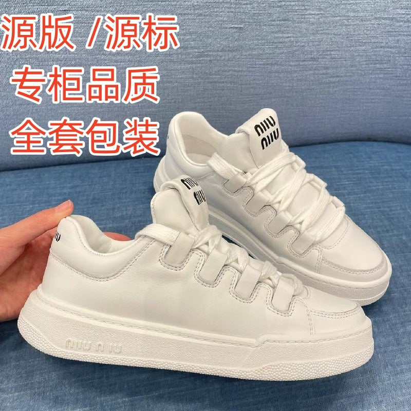 loveccr Mu's Genuine Leather Thick-Soled Distressed Sneakers Spring and Summer New Lace-up Casual Shoes Women's Dirty White Shoes
