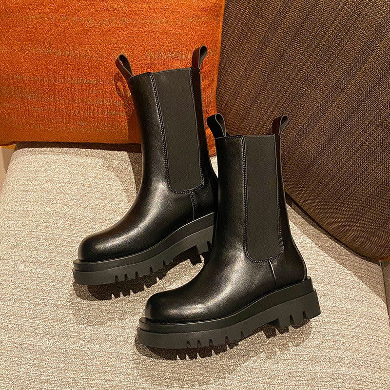 2025 Cowhide version~ New autumn and winter platform Chelsea short boots women's inner height increase Martin boots velvet chimney medium boots