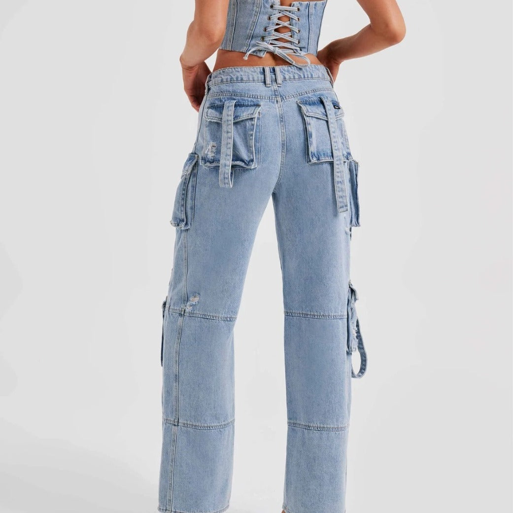 European and American Hot Girl Fashion All-Match Figure Flattering Straight-Leg Pants Women's Multi-Pocket Flip Design Sense Tooling Style Jeans