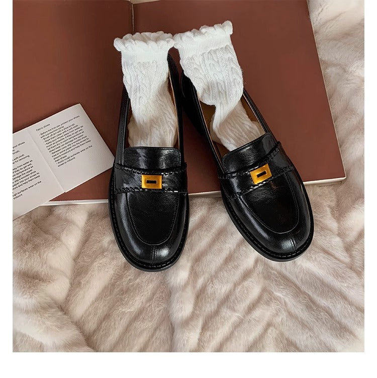 2025 Cowhide version~ British style leather one-pedal versatile loafers women's new retro thick heel low heel small leather shoes