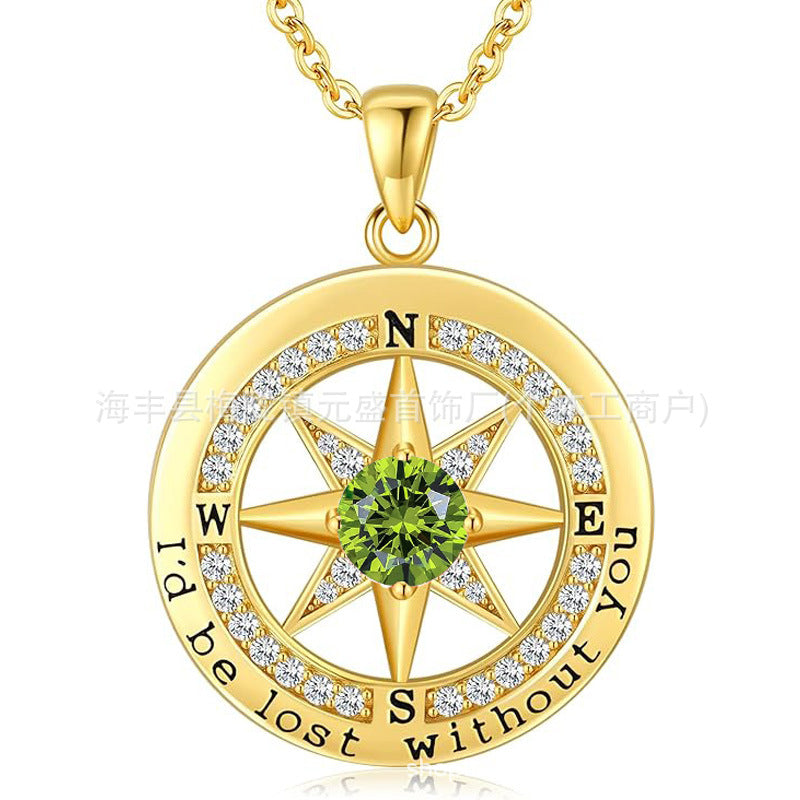 HOT and NEW Cross Border S925 Sterling Silver Compass Compass Necklace Female Twelve Birthstone Pendant Clavicle Chain