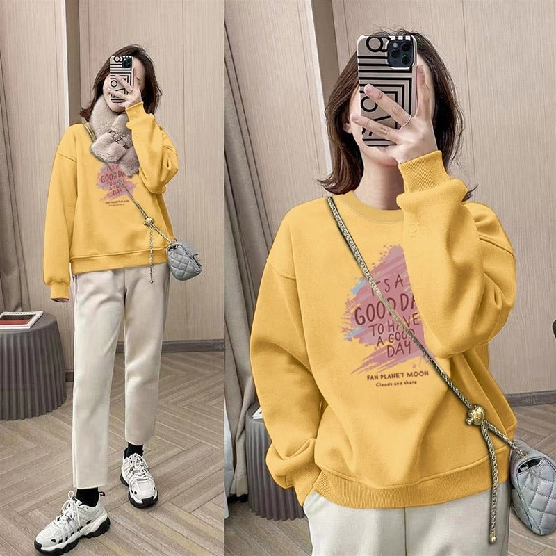spring and autumn Korean version of fashion small round neck pullover fleece sweater long sleeve loose tide ins style top