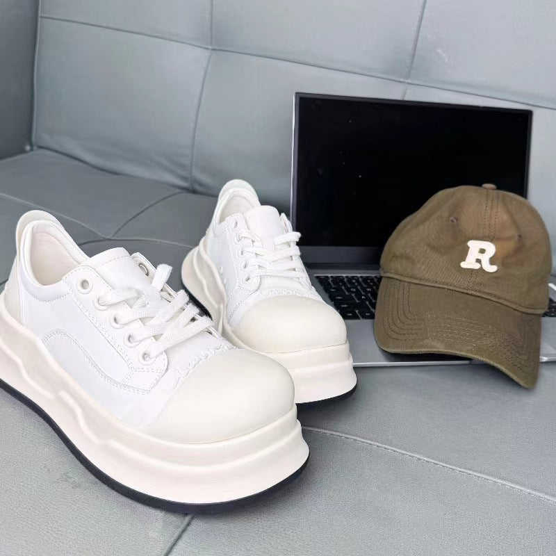 loveccr Black and White round Head Mickey Big Head Shoes Female Spring New Genuine Leather All-Match Casual Sneaker Platform Height Increasing Shoes