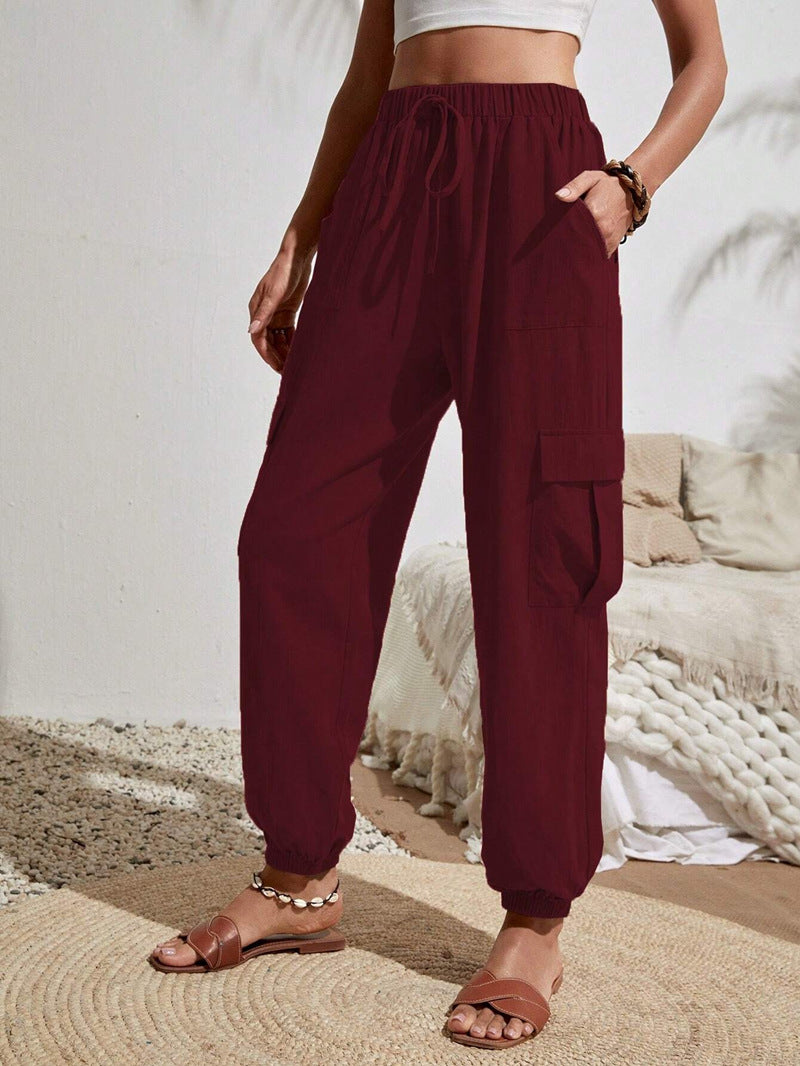 2025 Tiktoktemu women's clothing spring and summer new versatile solid color pocket casual tooling women's pants