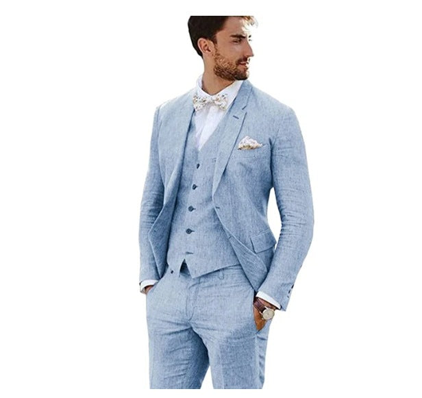 LOVECCR Men's Linen Slim Fit Suit Wedding Western Slim Fit 3 Piece Set Groom Swallowtail Best Men's Prom Suit