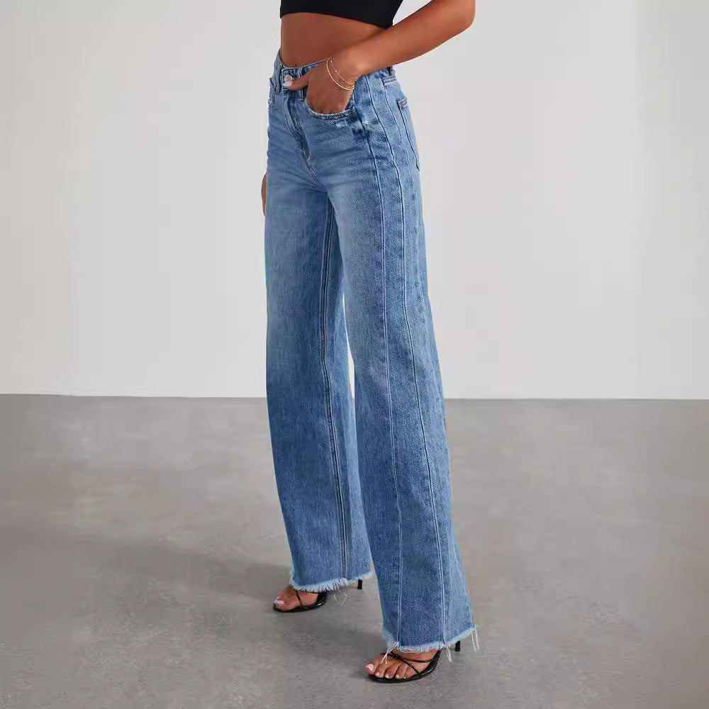European and American Women's Clothing New Loose Wide-Leg Side Seam Stitching Frayed Hem Jeans for Women 32150
