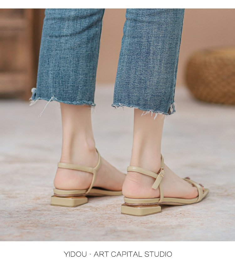 loveccr Women's Chunky Heel Sandals with Buckle Strap New Minimalist Open Toe Fairy Style Mid Heel Roman Women's Shoes