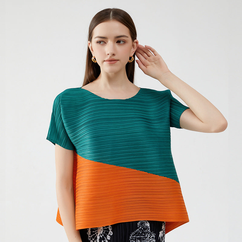 summer new Korean version fashion pleated design sense round neck short sleeve loose contrasting casual t-shirt top women