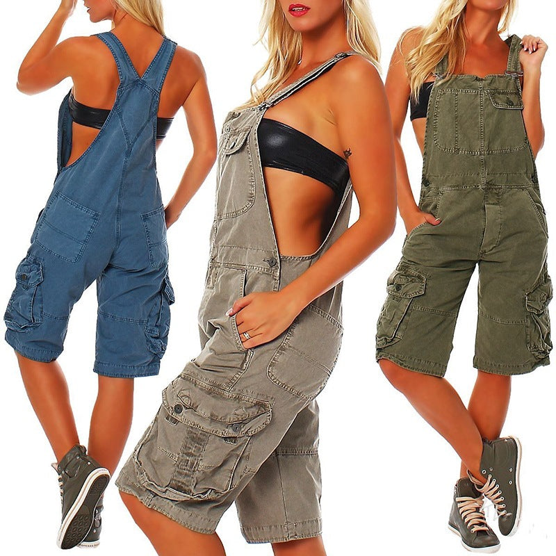 2024 U-Collar Strap Type Suspender Pants Women's Casual Fashion Double-Shoulder Strap Pocket Denim Shorts