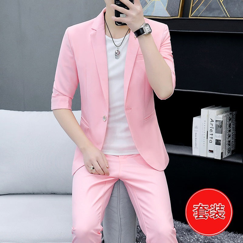 LOVECCR Suit Men's One Suit Matching Summer Korean Style Trendy Fashion Dress 3/4 Sleeve Non-Ironing Casual Small Suit