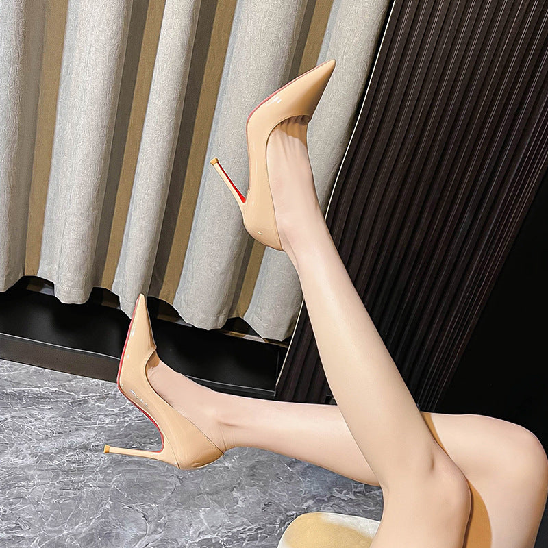 loveccr Nude Color Side Empty Red High Heel Shoes Women's Stiletto Heel New Pointed Low-Cut Patent Leather Sexy Temperament Genuine Leather Pumps