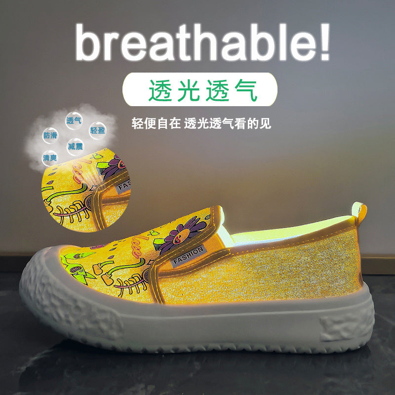 new summer canvas shoes women's thick soles increase in height lazy one pedal printing breathable casual street shot FB5508