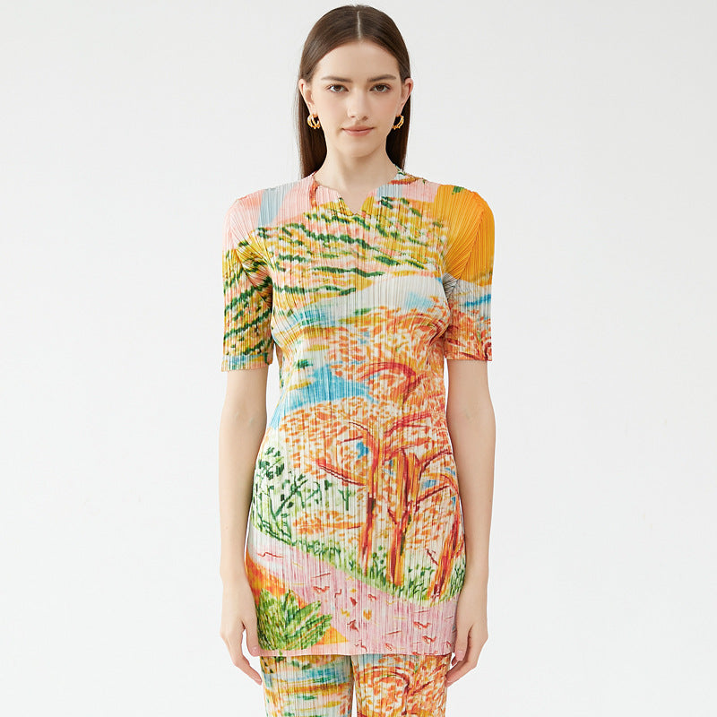 spring niche temperament tree-painted printing small V-neck short-sleeved top women's casual trousers pleated suit women's