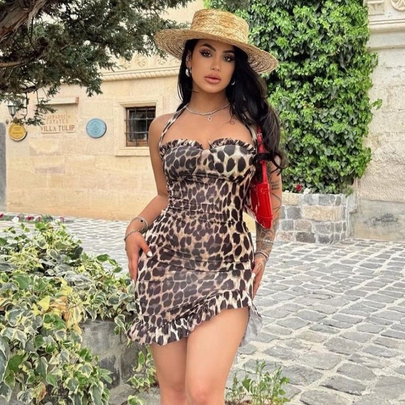 LOVECCR style Hot summer new leopard print lace-up halter sexy slim hip skirt wholesale