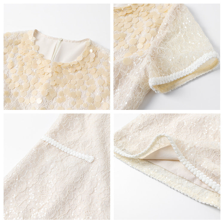 summer new white sequined dress temperament high sense light luxury niche design skirt M4048