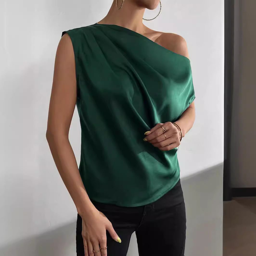 2025 Popular, , New women's clothing summer new fashion versatile diagonal collar pinch pleated shoulder asymmetrical vest