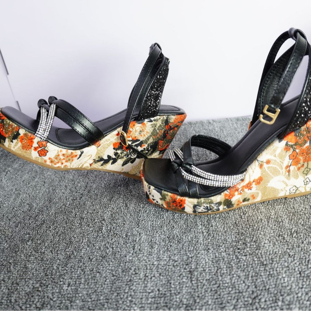 2025 Cowhide version~ Summer new versatile leather wedge sandals fashion rhinestone high heels platform muffin sandals