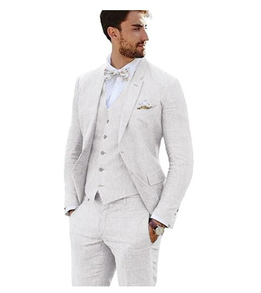LOVECCR Men's Linen Slim Fit Suit Wedding Western Slim Fit 3 Piece Set Groom Swallowtail Best Men's Prom Suit