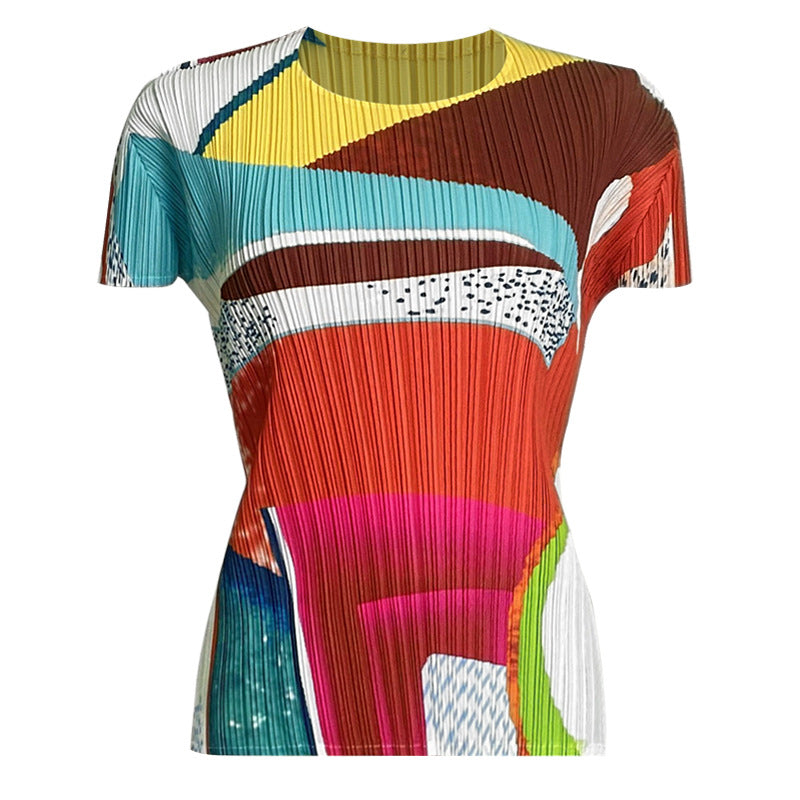 Miyake casual printing suit, summer new women's short-sleeved top, fashionable Korean version of drape trousers, two-piece set for women