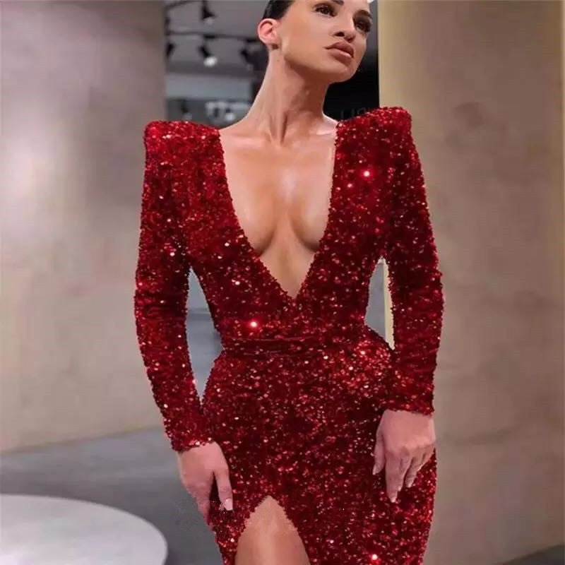 2025 New wishes 2025 women's clothing sexy one-shoulder long-sleeved sequined dress split-ended long dress INS spring