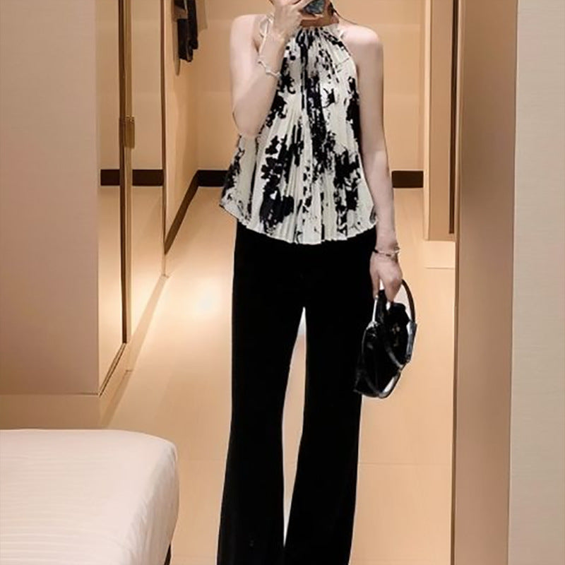 style temperament neck-hanging sleeveless printed pleated dress/top popular summer new L6118